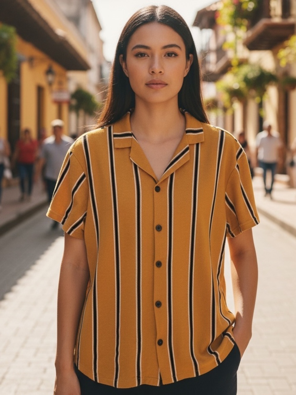 Pull&Bear vertical stripe button up knit shirt s